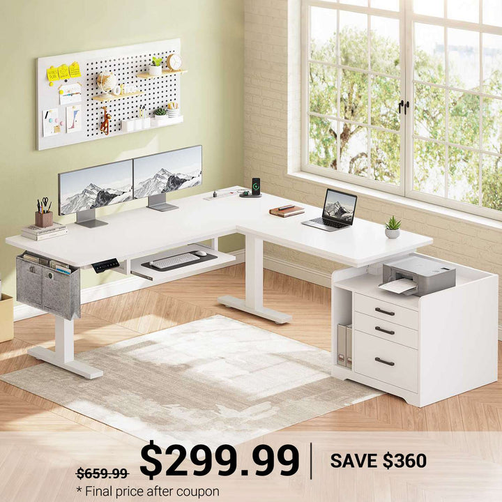 SEDETA 63 Inch Height Adjustable L Shaped Electric Standing Desk Computer Gaming Desk with Led Lights 3 Drawers Power Outlet