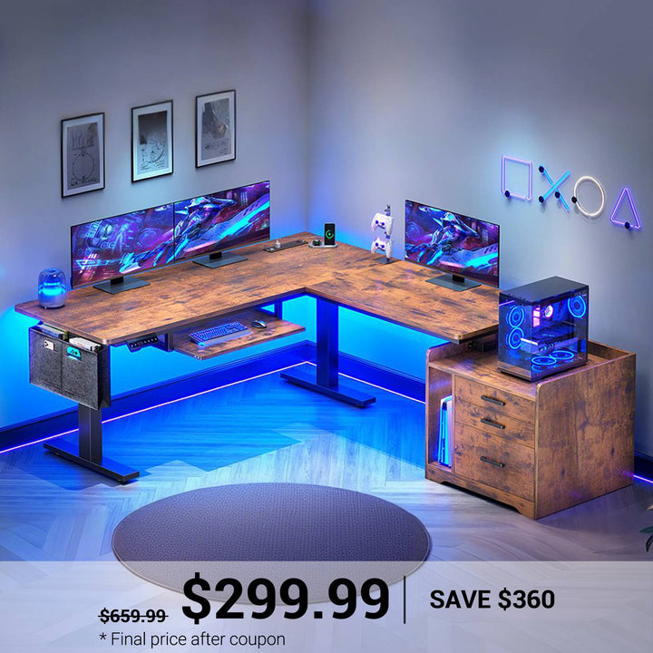 SEDETA 63 Inch Height Adjustable L Shaped Electric Standing Desk Computer Gaming Desk with Led Lights 3 Drawers Power Outlet