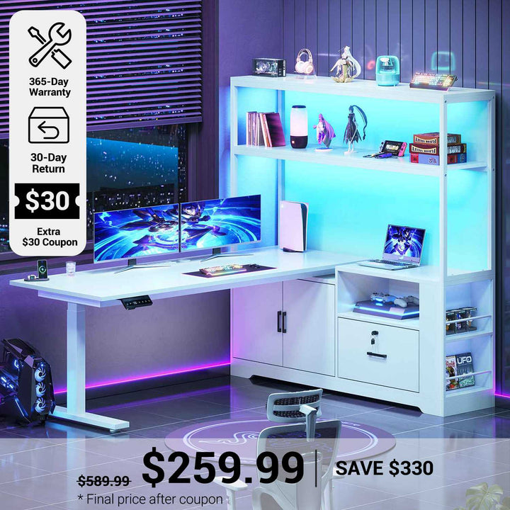 SEDETA® 56.7 Inch L Shaped Height Adjustable Electric Standing Desk Computer Gaming Desk with LED Lights Drawers Power Outlets