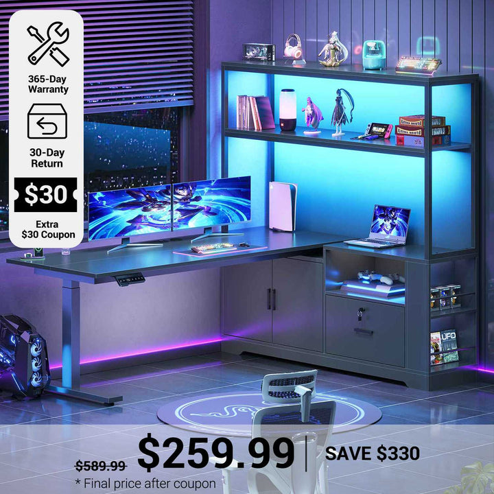 SEDETA® 56.7 Inch L Shaped Height Adjustable Electric Standing Desk Computer Gaming Desk with LED Lights Drawers Power Outlets
