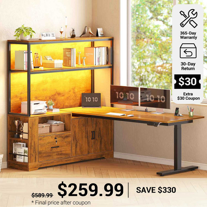 SEDETA® 56.7 Inch L Shaped Height Adjustable Electric Standing Desk Computer Gaming Desk with LED Lights Drawers Power Outlets