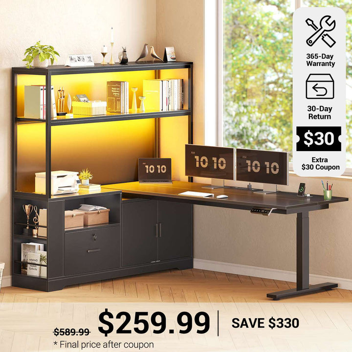 SEDETA® 56.7 Inch L Shaped Height Adjustable Electric Standing Desk Computer Gaming Desk with LED Lights Drawers Power Outlets