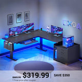 SEDETA 63 Inch Height Adjustable L Shaped Electric Standing Desk Computer Gaming Desk with Led Lights 3 Drawers Power Outlet