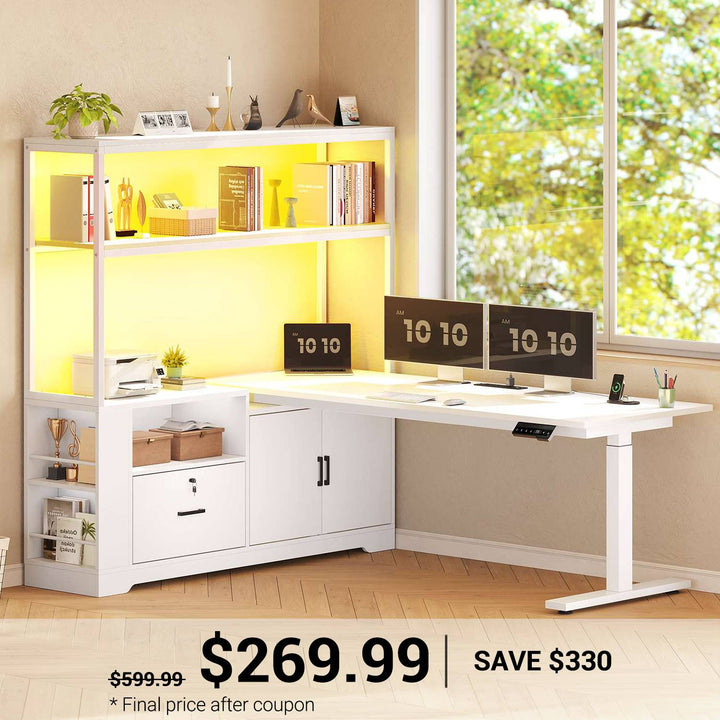 SEDETA 56.7 Inch Standing Desk Height Adjustable Electric L Shaped Stand Up Computer Gaming Desk with Drawers Hutch Power Outlets