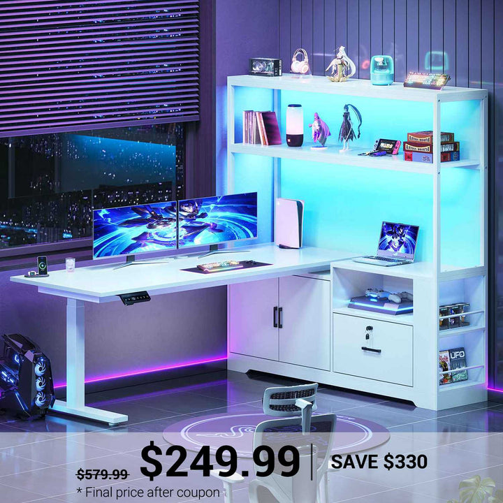 SEDETA | 56.7 Inch L Shaped Standing Desk Computer Desk Height Adjustable Electric Corner Gaming Desks with Power Outlets LED Lights