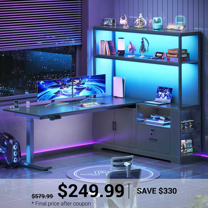 SEDETA | 56.7 Inch L Shaped Standing Desk Computer Desk Height Adjustable Electric Corner Gaming Desks with Power Outlets LED Lights