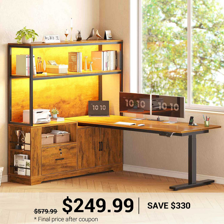 SEDETA | 56.7 Inch L Shaped Standing Desk Computer Desk Height Adjustable Electric Corner Gaming Desks with Power Outlets LED Lights