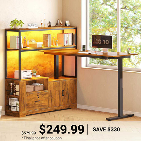 SEDETA | 56.7 Inch L Shaped Standing Desk Computer Desk Height Adjustable Electric Corner Gaming Desks with Power Outlets LED Lights
