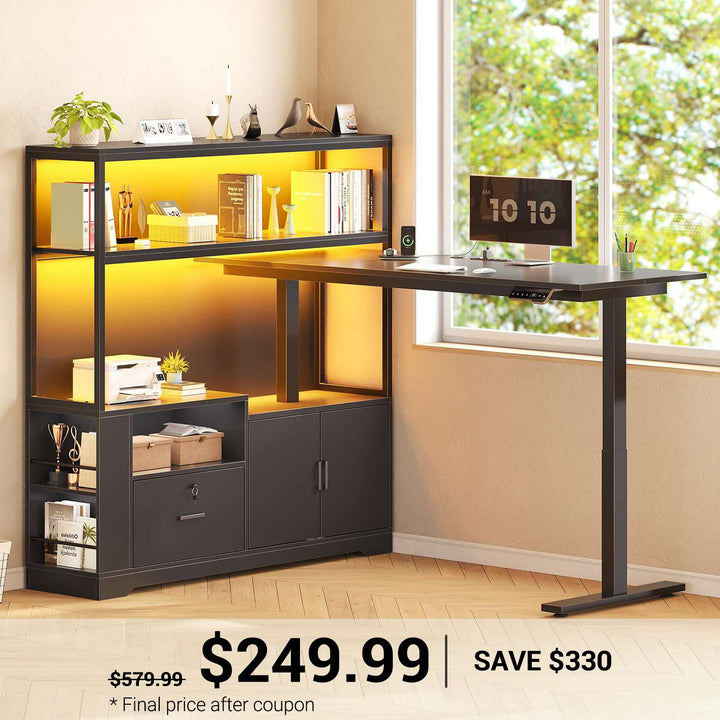 SEDETA | 56.7 Inch L Shaped Standing Desk Computer Desk Height Adjustable Electric Corner Gaming Desks with Power Outlets LED Lights