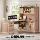 SEDETA 67 Inch Farmhouse L Shaped Computer Desk Executive Home Office Desks with 4 Drawers Storage Cabinet Sliding Doors Power Outlet Hutch