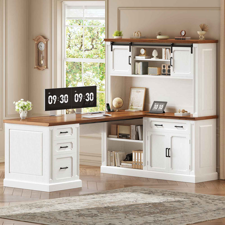 SEDETA® 67 Inch Farmhouse Computer Desk L Shaped Executive Home Office Desks with Sliding Doors 4 Drawer Power Outlet Storage Cabinet Hutch