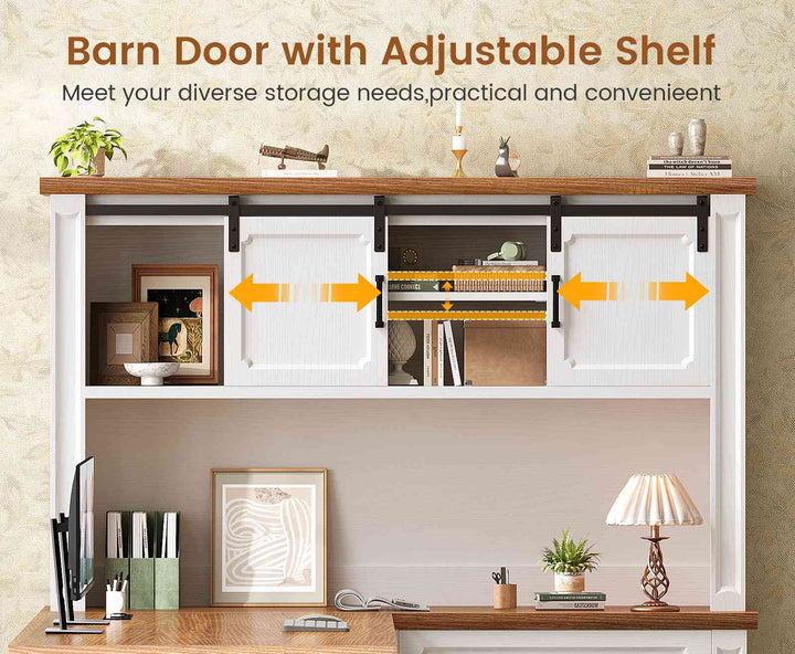 SEDETA® 67 Inch Farmhouse Computer Desk L Shaped Executive Home Office Desks with Sliding Doors 4 Drawer Power Outlet Storage Cabinet Hutch