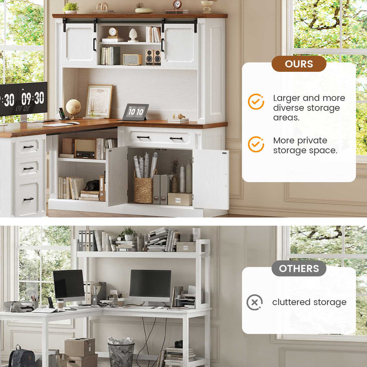 SEDETA® 67 Inch Farmhouse Computer Desk L Shaped Executive Home Office Desks with Sliding Doors 4 Drawer Power Outlet Storage Cabinet Hutch