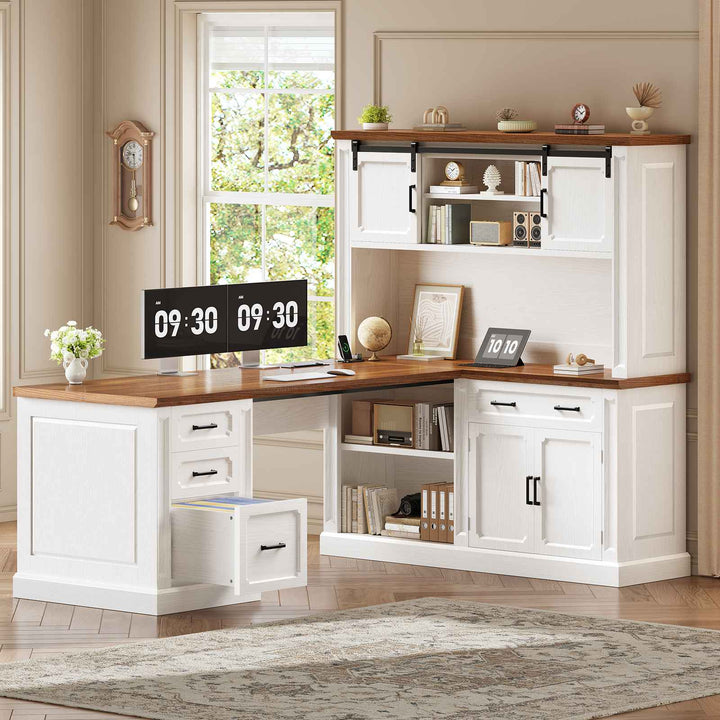 SEDETA® 67 Inch Farmhouse Computer Desk L Shaped Executive Home Office Desks with Sliding Doors 4 Drawer Power Outlet Storage Cabinet Hutch