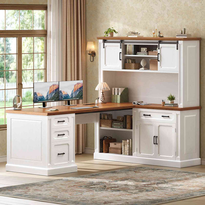 SEDETA® 67 Inch Farmhouse Computer Desk L Shaped Executive Home Office Desks with Sliding Doors 4 Drawer Power Outlet Storage Cabinet Hutch