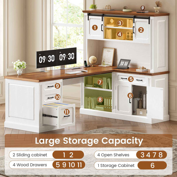 SEDETA® 67 Inch Farmhouse Computer Desk L Shaped Executive Home Office Desks with Sliding Doors 4 Drawer Power Outlet Storage Cabinet Hutch