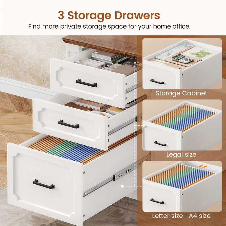 SEDETA® 67 Inch Farmhouse Computer Desk L Shaped Executive Home Office Desks with Sliding Doors 4 Drawer Power Outlet Storage Cabinet Hutch