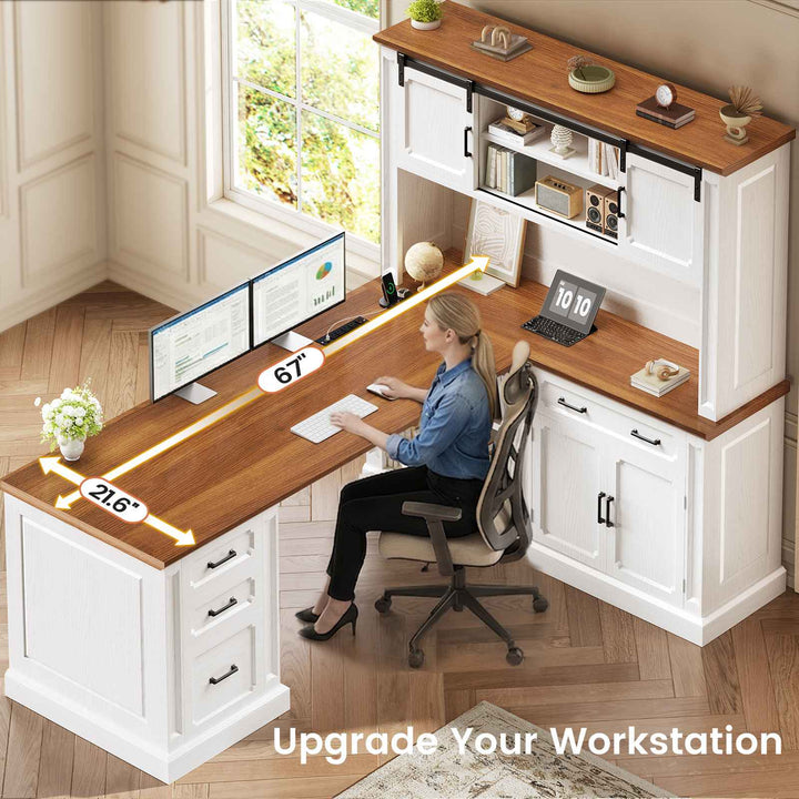 SEDETA® 67 Inch Farmhouse Computer Desk L Shaped Executive Home Office Desks with Sliding Doors 4 Drawer Power Outlet Storage Cabinet Hutch