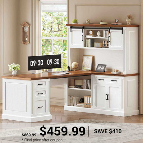 SEDETA 67 Inch Farmhouse L Shaped Computer Desk Executive Home Office Desks with 4 Drawers Storage Cabinet Sliding Doors Power Outlet Hutch