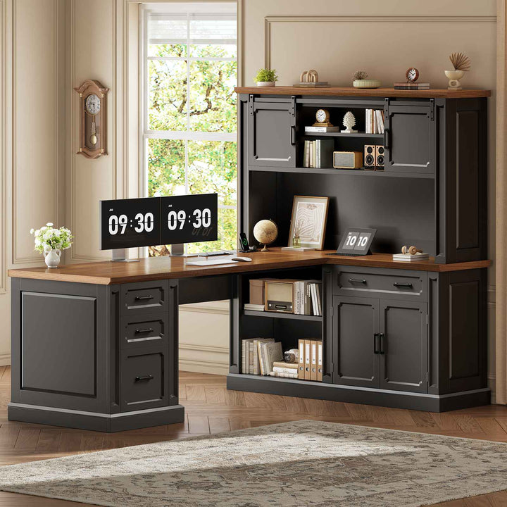SEDETA® 67 Inch Farmhouse Computer Desk L Shaped Executive Home Office Desks with Sliding Doors 4 Drawer Power Outlet Storage Cabinet Hutch