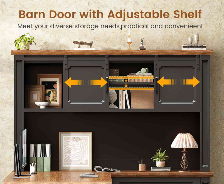 SEDETA® 67 Inch Farmhouse Computer Desk L Shaped Executive Home Office Desks with Sliding Doors 4 Drawer Power Outlet Storage Cabinet Hutch