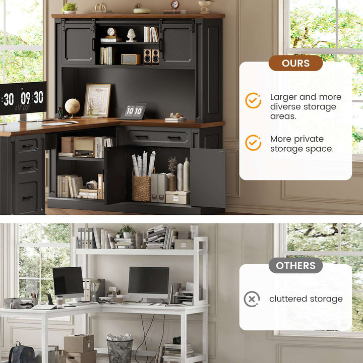 SEDETA® 67 Inch Farmhouse Computer Desk L Shaped Executive Home Office Desks with Sliding Doors 4 Drawer Power Outlet Storage Cabinet Hutch