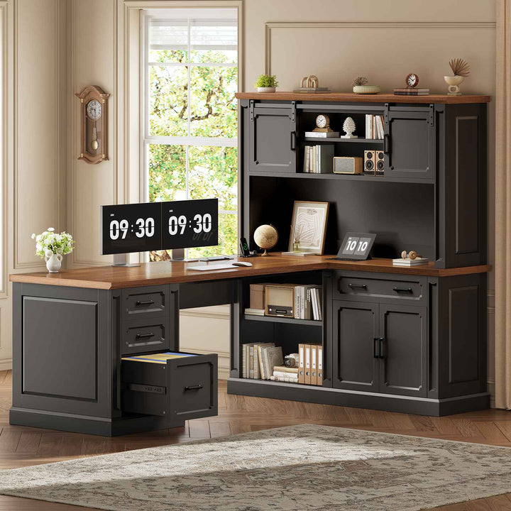 SEDETA® 67 Inch Farmhouse Computer Desk L Shaped Executive Home Office Desks with Sliding Doors 4 Drawer Power Outlet Storage Cabinet Hutch