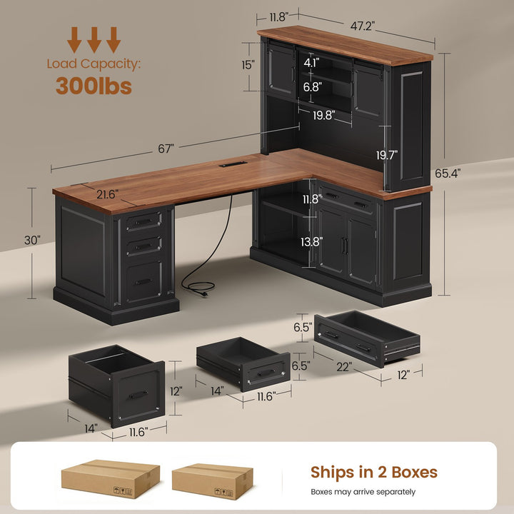 SEDETA® 67 Inch Farmhouse Computer Desk L Shaped Executive Home Office Desks with Sliding Doors 4 Drawer Power Outlet Storage Cabinet Hutch
