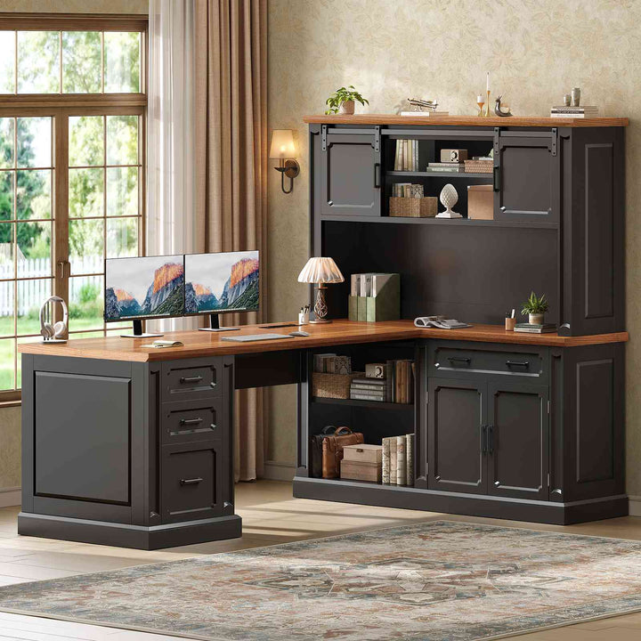 SEDETA® 67 Inch Farmhouse Computer Desk L Shaped Executive Home Office Desks with Sliding Doors 4 Drawer Power Outlet Storage Cabinet Hutch