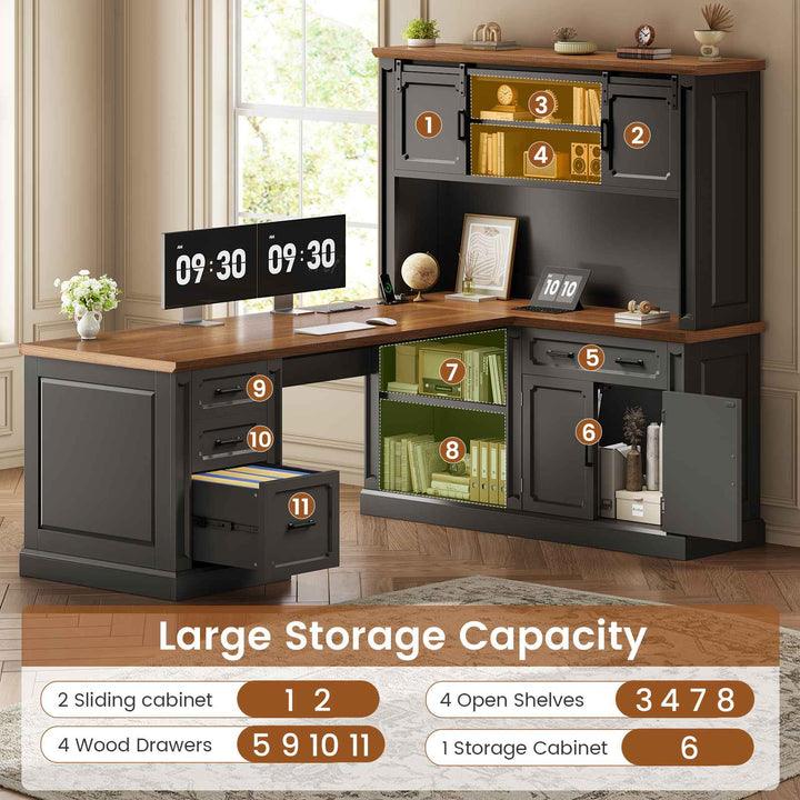 SEDETA® 67 Inch Farmhouse Computer Desk L Shaped Executive Home Office Desks with Sliding Doors 4 Drawer Power Outlet Storage Cabinet Hutch