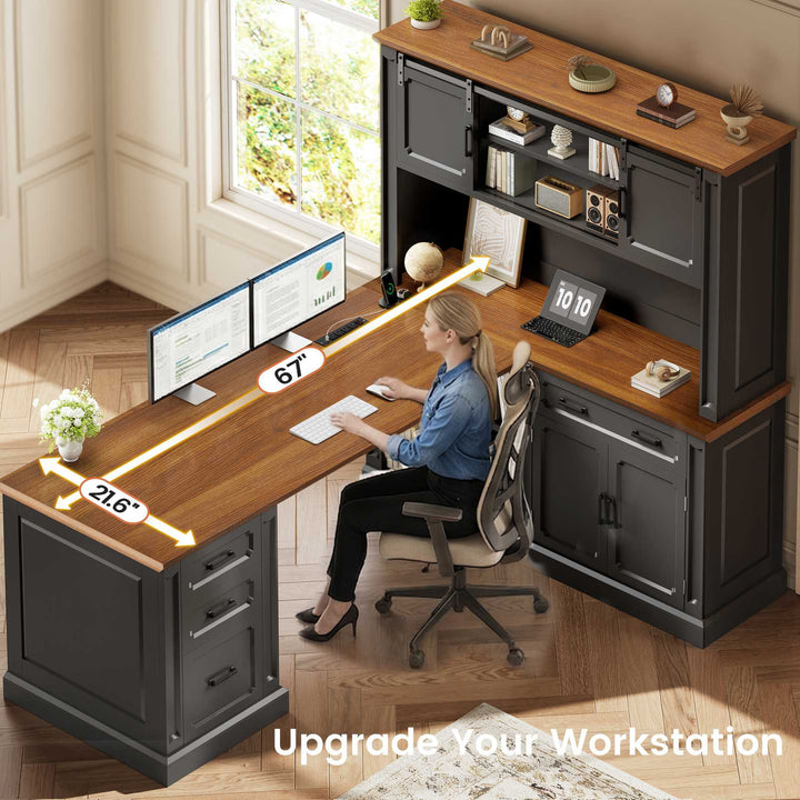SEDETA® 67 Inch Farmhouse Computer Desk L Shaped Executive Home Office Desks with Sliding Doors 4 Drawer Power Outlet Storage Cabinet Hutch