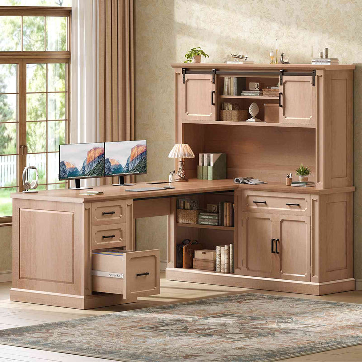 SEDETA® 67 Inch Farmhouse Computer Desk L Shaped Executive Home Office Desks with Sliding Doors 4 Drawer Power Outlet Storage Cabinet Hutch