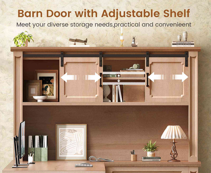 SEDETA® 67 Inch Farmhouse Computer Desk L Shaped Executive Home Office Desks with Sliding Doors 4 Drawer Power Outlet Storage Cabinet Hutch