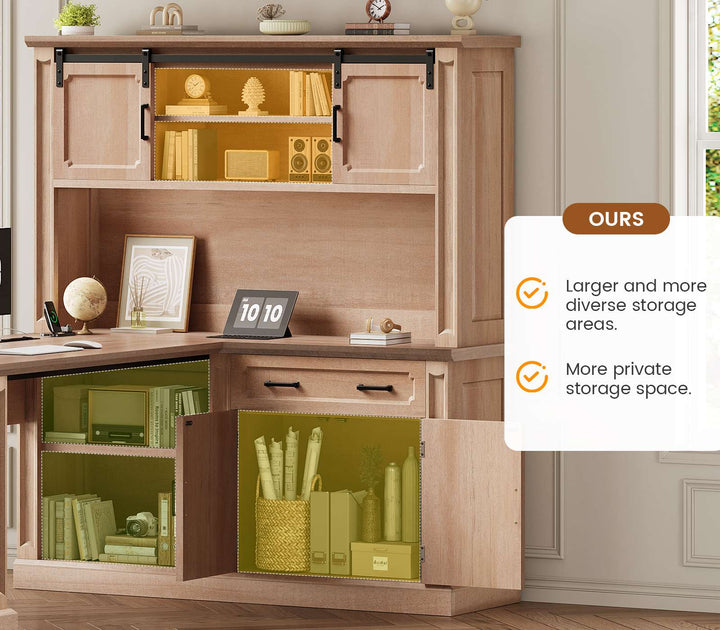 SEDETA® 67 Inch Farmhouse Computer Desk L Shaped Executive Home Office Desks with Sliding Doors 4 Drawer Power Outlet Storage Cabinet Hutch