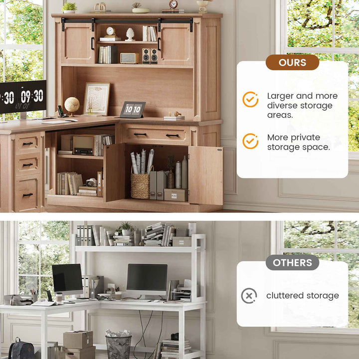 SEDETA® 67 Inch Farmhouse Computer Desk L Shaped Executive Home Office Desks with Sliding Doors 4 Drawer Power Outlet Storage Cabinet Hutch