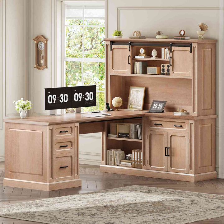 SEDETA® 67 Inch Farmhouse Computer Desk L Shaped Executive Home Office Desks with Sliding Doors 4 Drawer Power Outlet Storage Cabinet Hutch