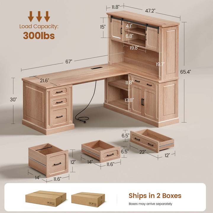 SEDETA® 67 Inch Farmhouse Computer Desk L Shaped Executive Home Office Desks with Sliding Doors 4 Drawer Power Outlet Storage Cabinet Hutch