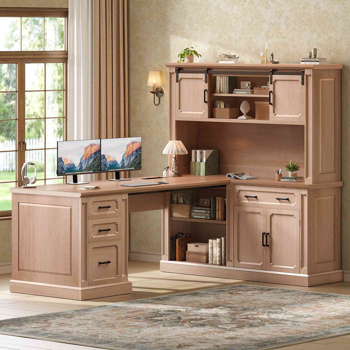 SEDETA® 67 Inch Farmhouse Computer Desk L Shaped Executive Home Office Desks with Sliding Doors 4 Drawer Power Outlet Storage Cabinet Hutch