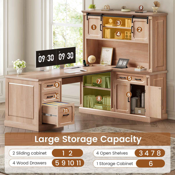 SEDETA® 67 Inch Farmhouse Computer Desk L Shaped Executive Home Office Desks with Sliding Doors 4 Drawer Power Outlet Storage Cabinet Hutch