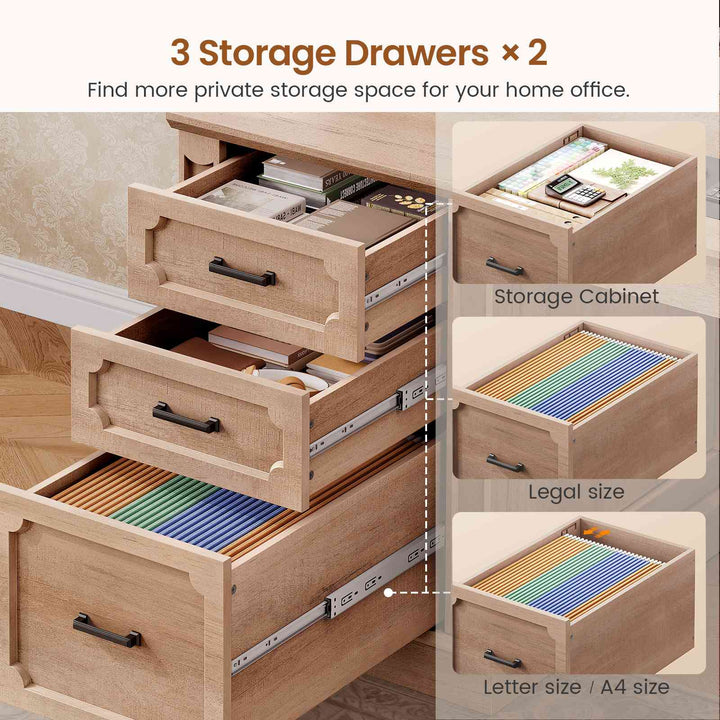 SEDETA® 67 Inch Farmhouse Computer Desk L Shaped Executive Home Office Desks with Sliding Doors 4 Drawer Power Outlet Storage Cabinet Hutch