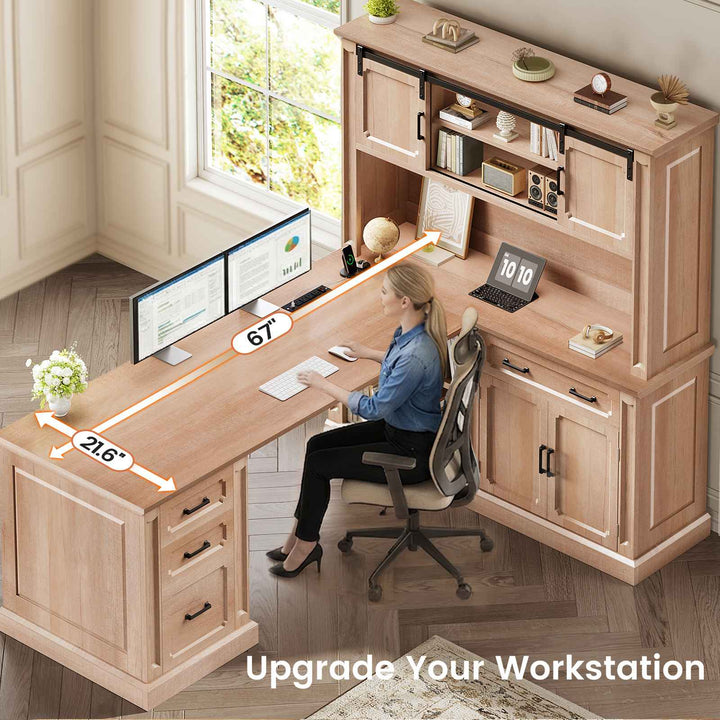 SEDETA® 67 Inch Farmhouse Computer Desk L Shaped Executive Home Office Desks with Sliding Doors 4 Drawer Power Outlet Storage Cabinet Hutch