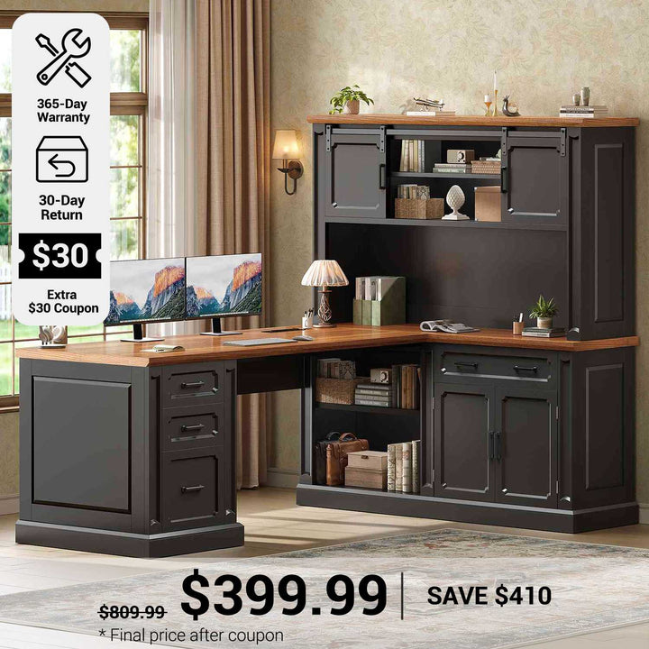 SEDETA® 67 Inch Farmhouse Computer Desk L Shaped Executive Home Office Desks with Sliding Doors 4 Drawer Power Outlet Storage Cabinet Hutch