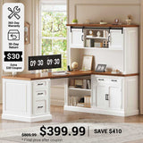 SEDETA® 67 Inch Farmhouse Computer Desk L Shaped Executive Home Office Desks with Sliding Doors 4 Drawer Power Outlet Storage Cabinet Hutch