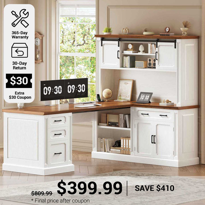 SEDETA® 67 Inch Farmhouse Computer Desk L Shaped Executive Home Office Desks with Sliding Doors 4 Drawer Power Outlet Storage Cabinet Hutch