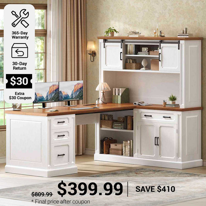 SEDETA® 67 Inch Farmhouse Computer Desk L Shaped Executive Home Office Desks with Sliding Doors 4 Drawer Power Outlet Storage Cabinet Hutch