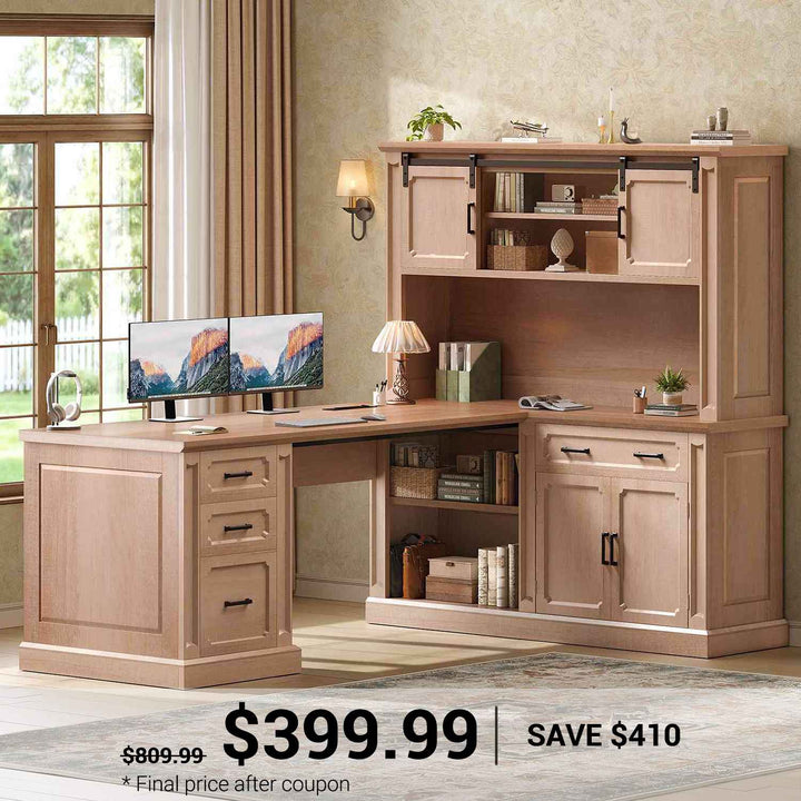 SEDETA® 67 Inch Farmhouse Computer Desk L Shaped Executive Home Office Desks with Sliding Doors 4 Drawer Power Outlet Storage Cabinet Hutch
