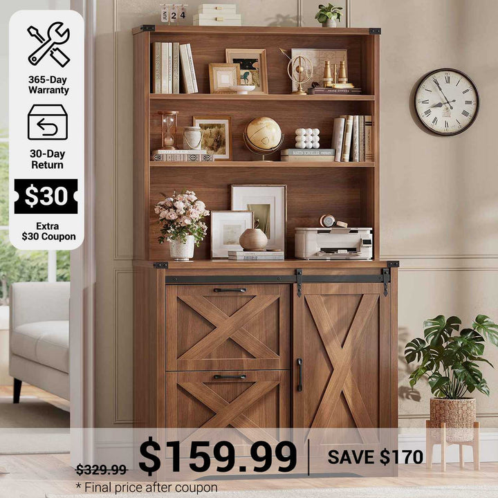 SEDETA® 31.5 Inch Farmhouse File Cabinet with 2 Drawer Printer Stand Storage Shelf Sliding Door Filing Cabinet fits Letter Legal A4 Size