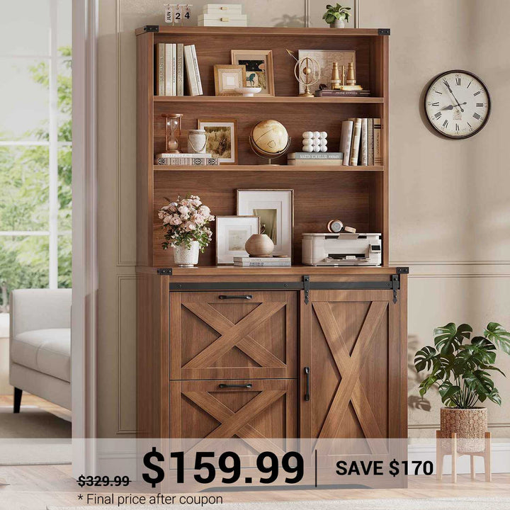 SEDETA | 31.5 Inch Farmhouse File Cabinet with Printer Stand Storage Shelf Sliding Door 2 Drawer Filing Cabinet fits Letter Legal A4 Size for Home Office