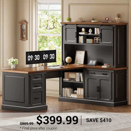 SEDETA | 67 Inch Farmhouse Corner Computer Desk L Shaped Executive Home Office Desks with Sliding Doors Power Outlet 4 Drawers Storage Cabinet Hutch