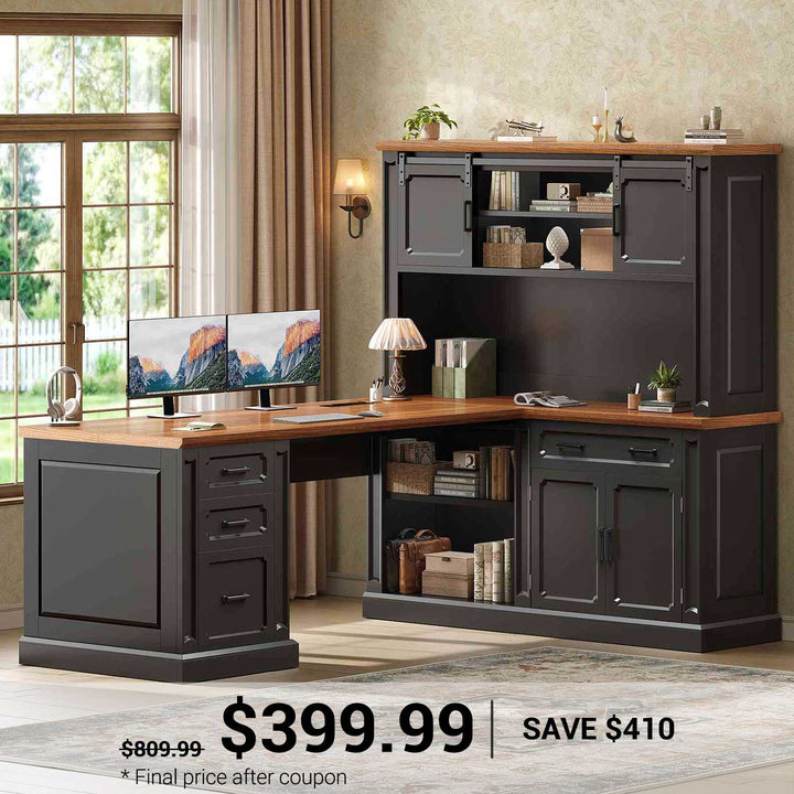 SEDETA® 67 Inch Farmhouse Computer Desk L Shaped Executive Home Office Desks with Sliding Doors 4 Drawer Power Outlet Storage Cabinet Hutch